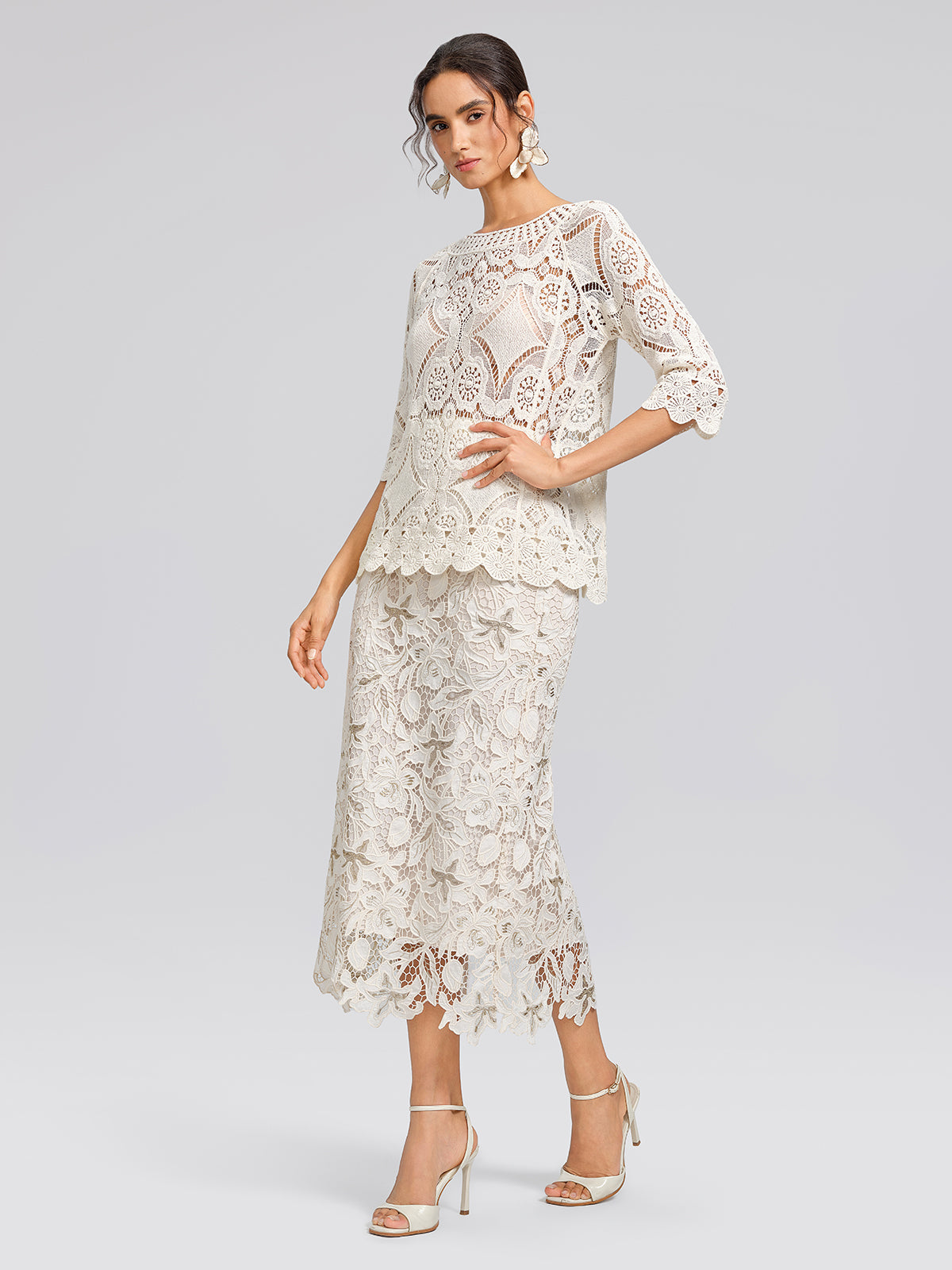 Crochet Lace Cutwork Wave Hem Flared Sleeve Top