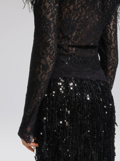 Sequin Lace Off-Shoulder Feather-Trim Top