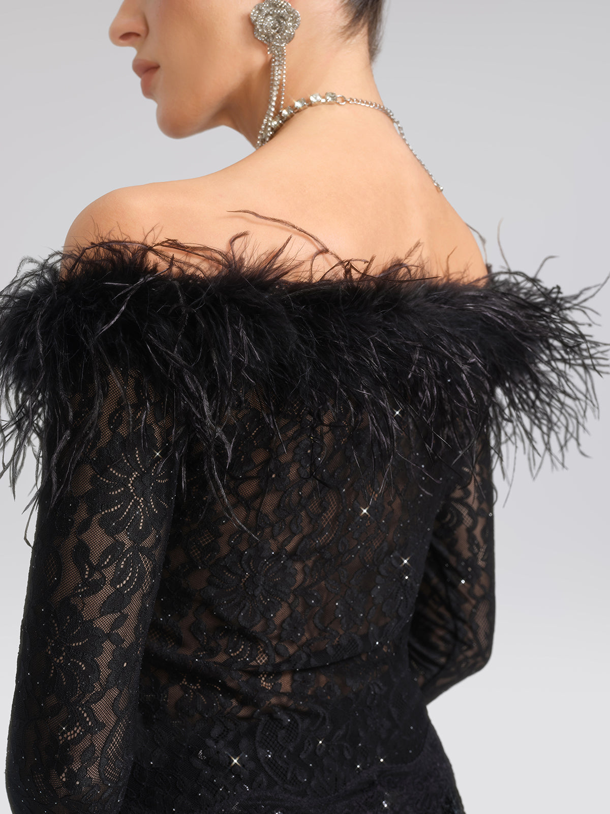 Sequin Lace Off-Shoulder Feather-Trim Top