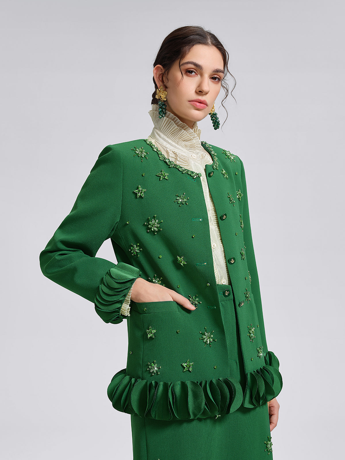Hand-Beaded Floral Trim Jacket