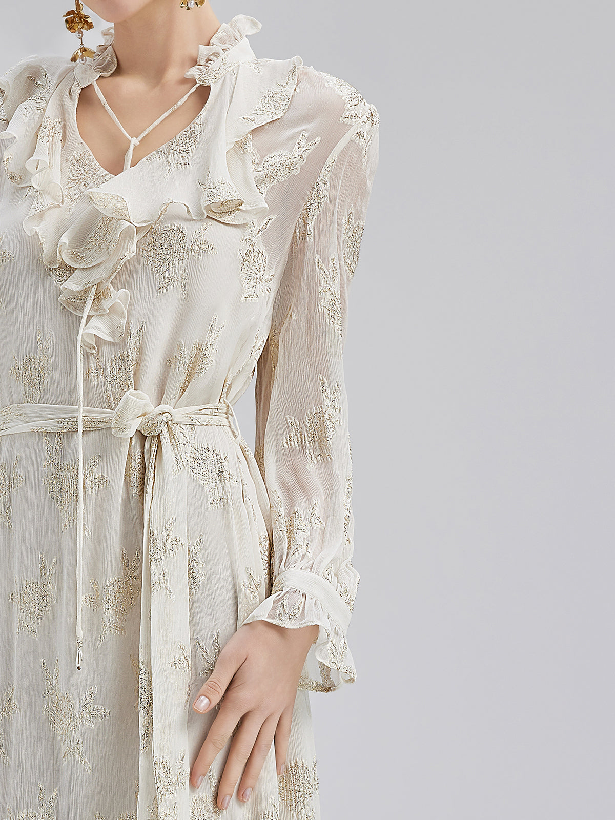 Silk Jacquard Ruffle Dress