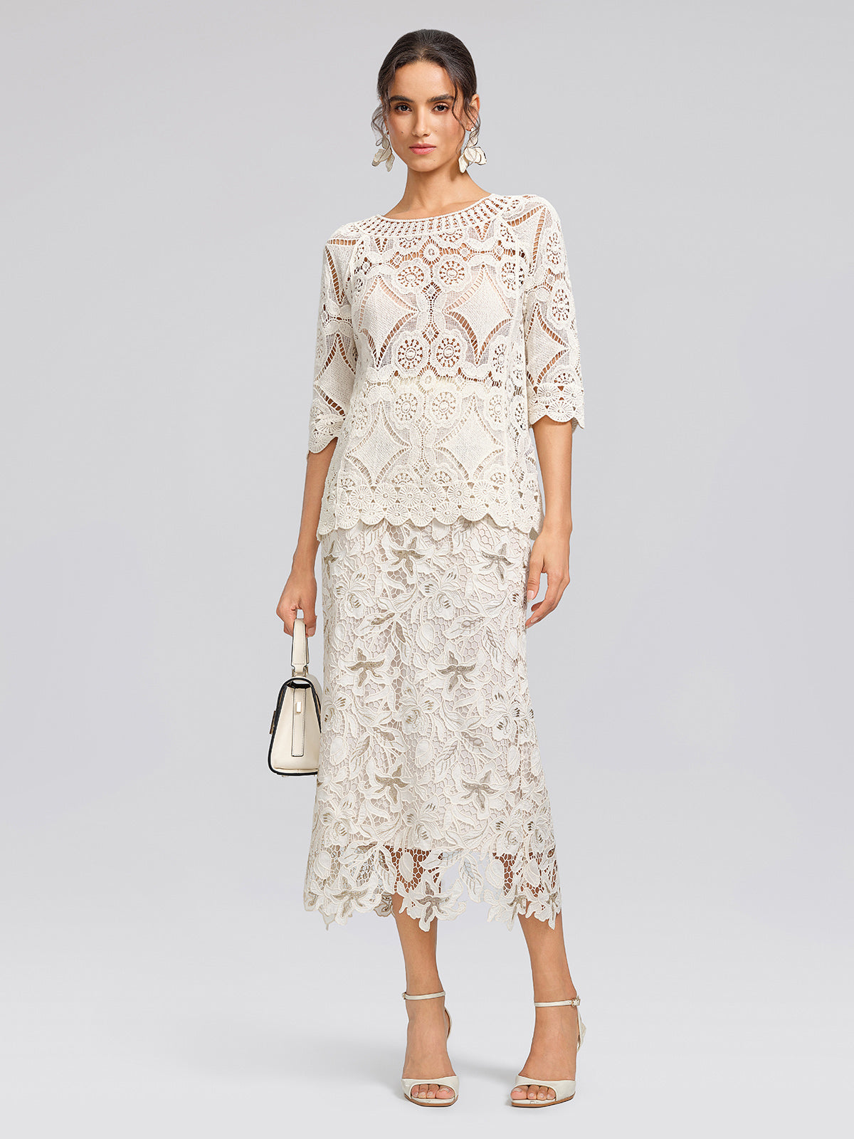 Crochet Lace Cutwork Wave Hem Flared Sleeve Top