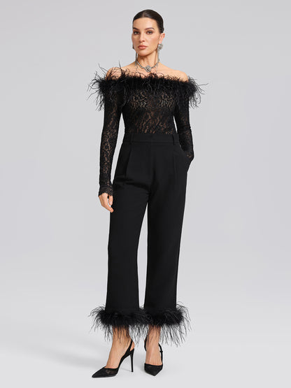 Sequin Lace Off-Shoulder Feather-Trim Top