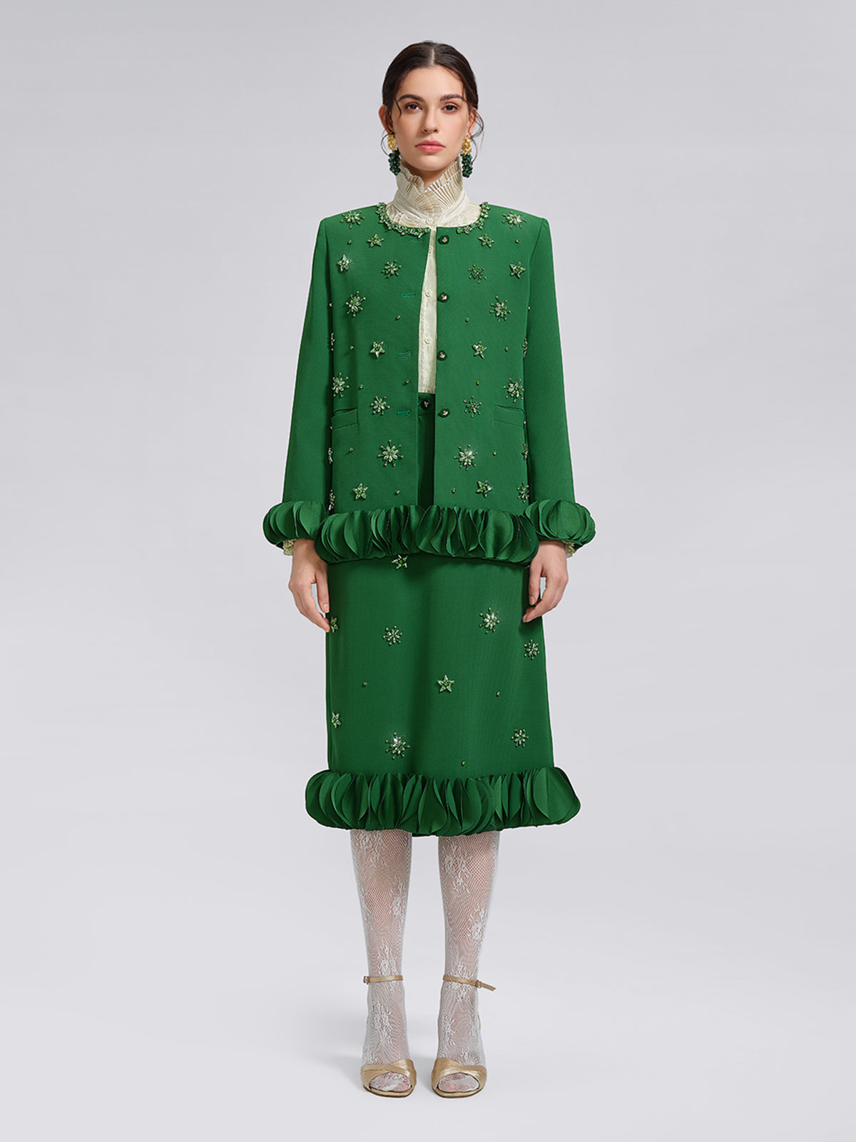 Hand-Beaded Floral Trim Jacket