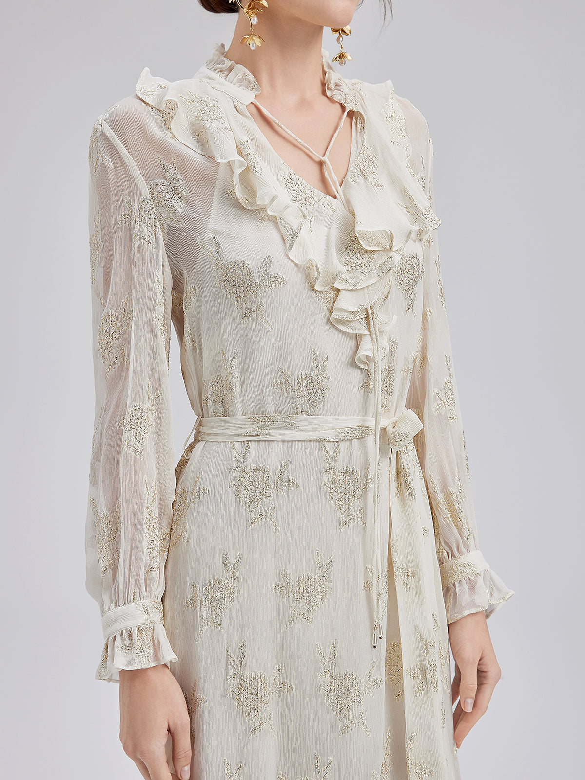 Silk Jacquard Ruffle Dress