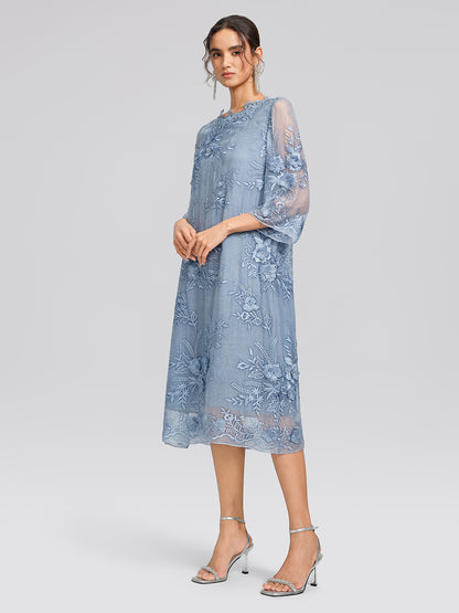 Silk Leaf Embroidery Floral Dress