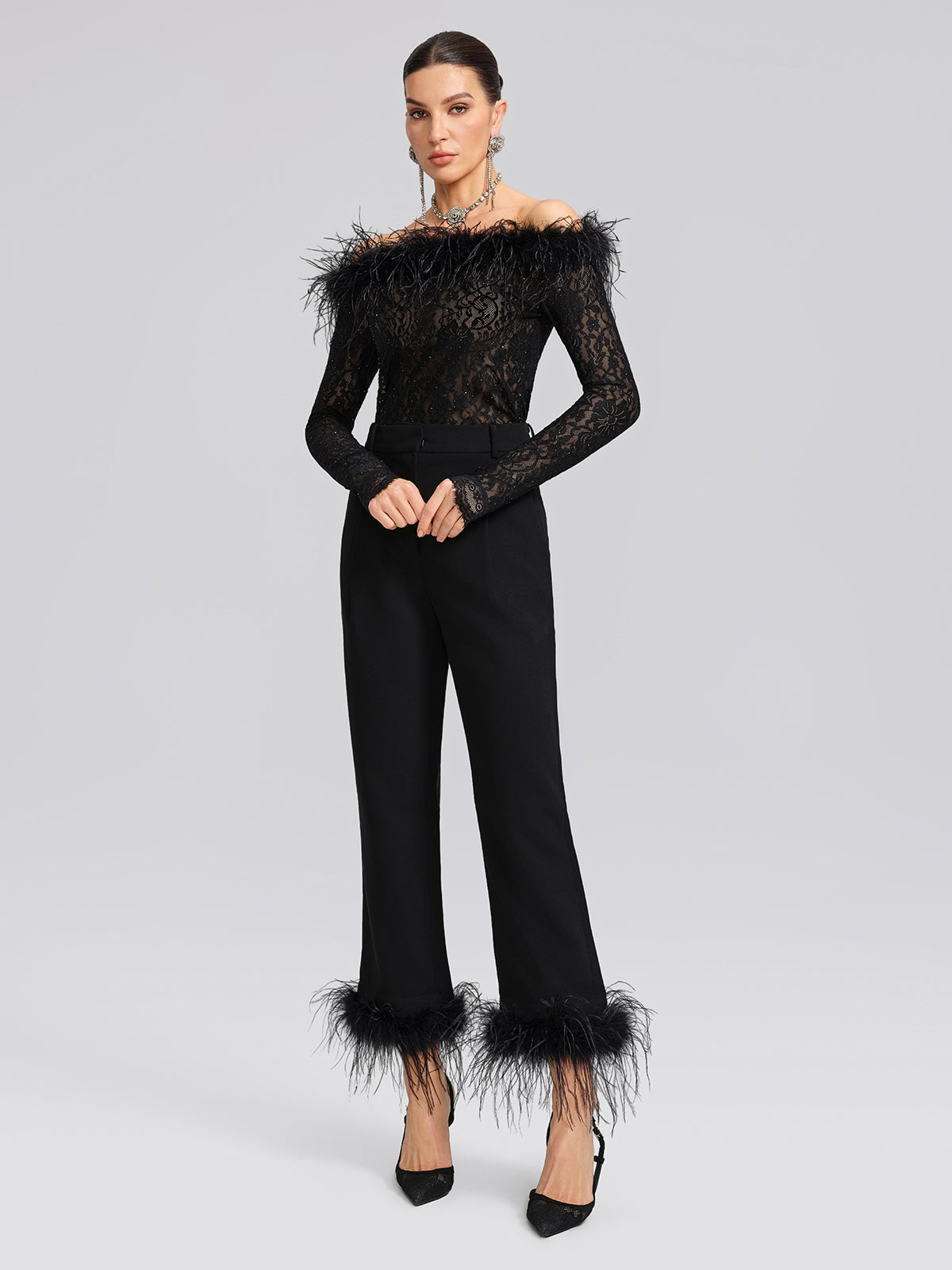 Sequin Lace Off-Shoulder Feather-Trim Top