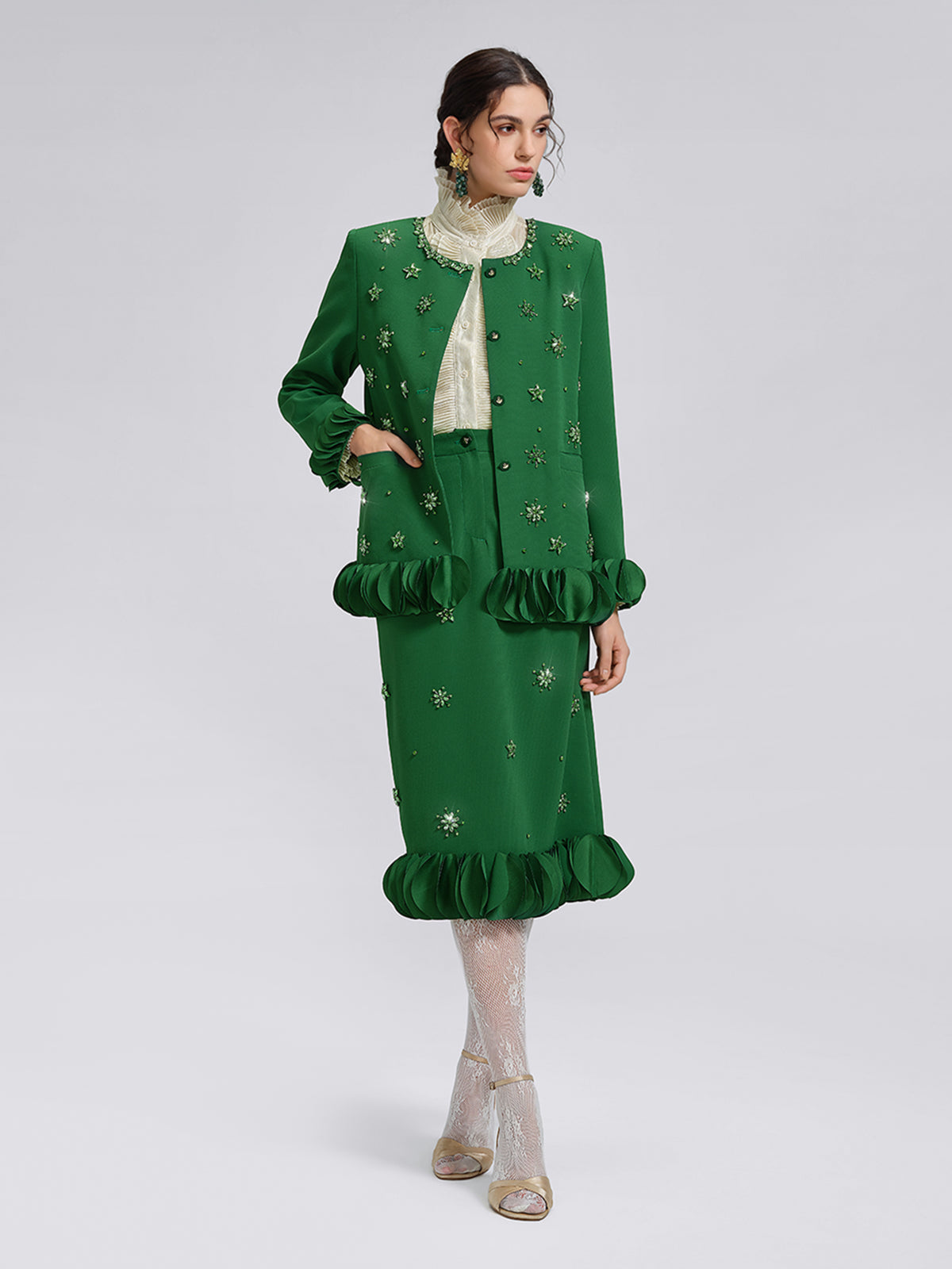 Hand-Beaded Floral Trim Jacket