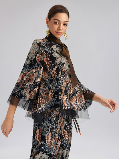 Sequin Vine Embroidered Tie-Neck Jacket