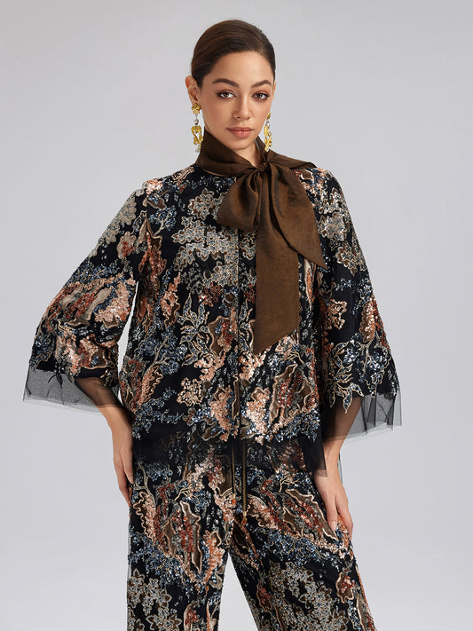 Sequin Vine Embroidered Tie-Neck Jacket