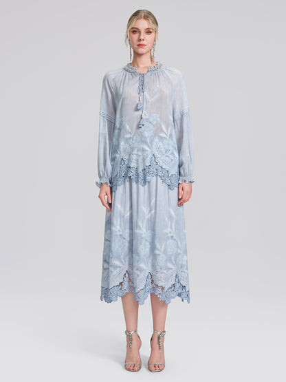 Silk Cotton Embroidered Lace Trin Panel Skirt