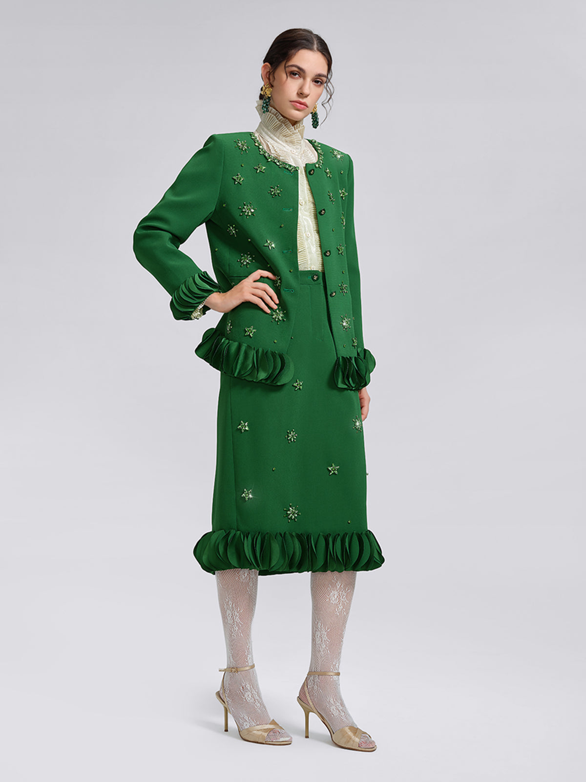 Hand-Beaded Floral Trim Jacket