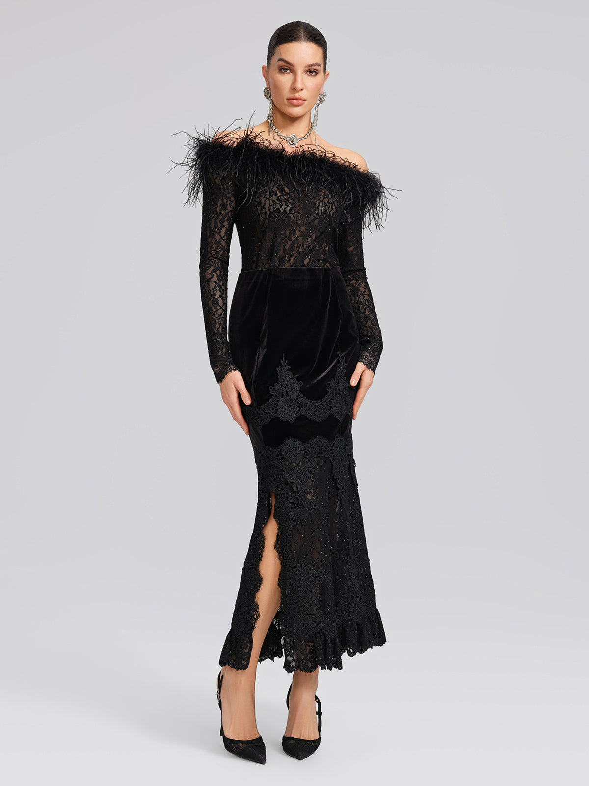 Sequin Lace Off-Shoulder Feather-Trim Top