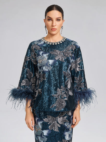 Sequin Embroidered Feather-Trim Top