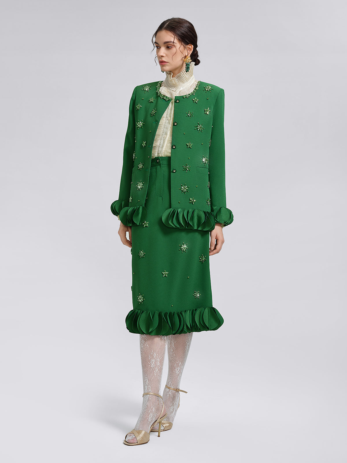 Hand-Beaded Floral Trim Jacket