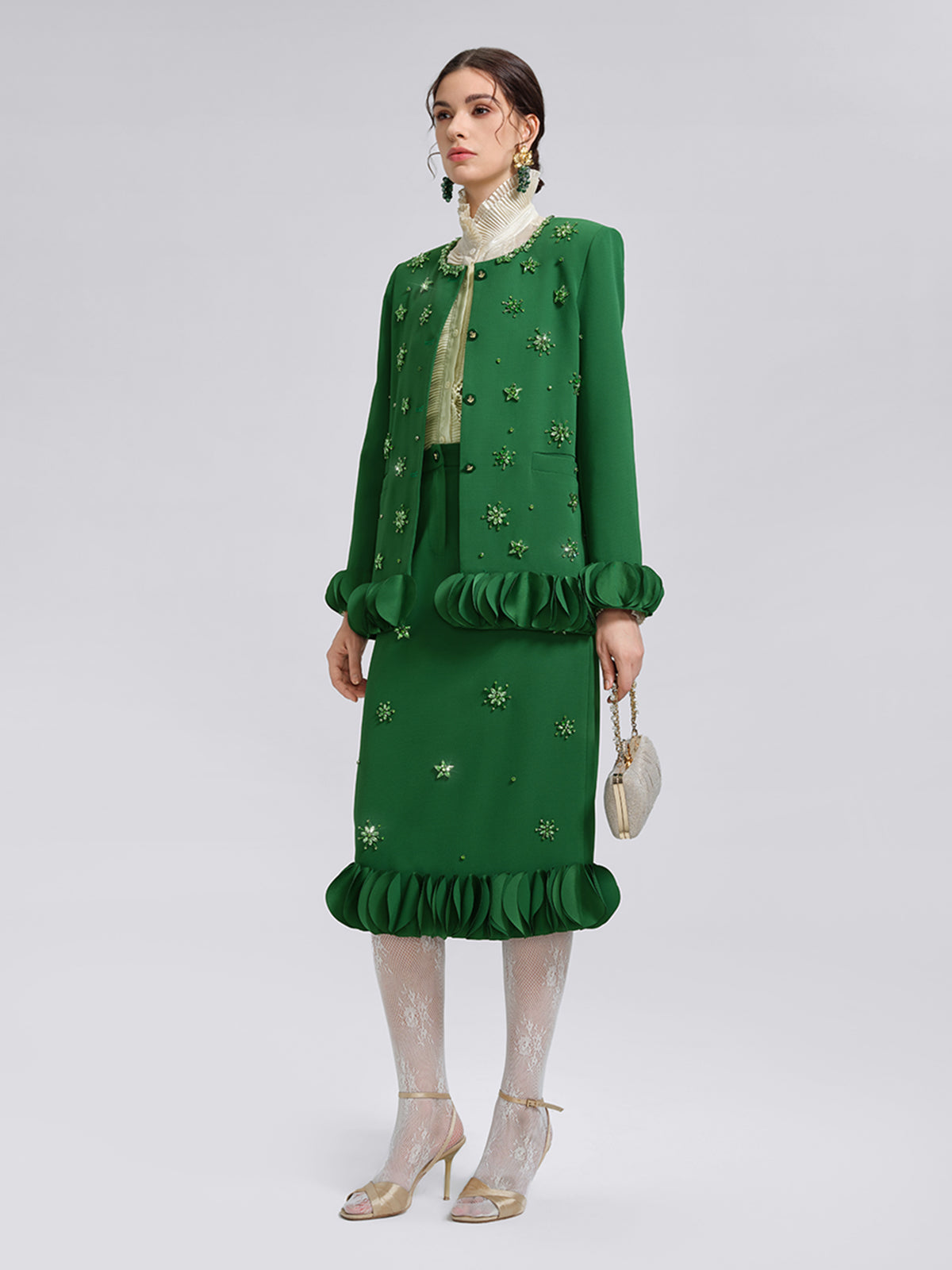 Hand-Beaded Floral Trim Jacket