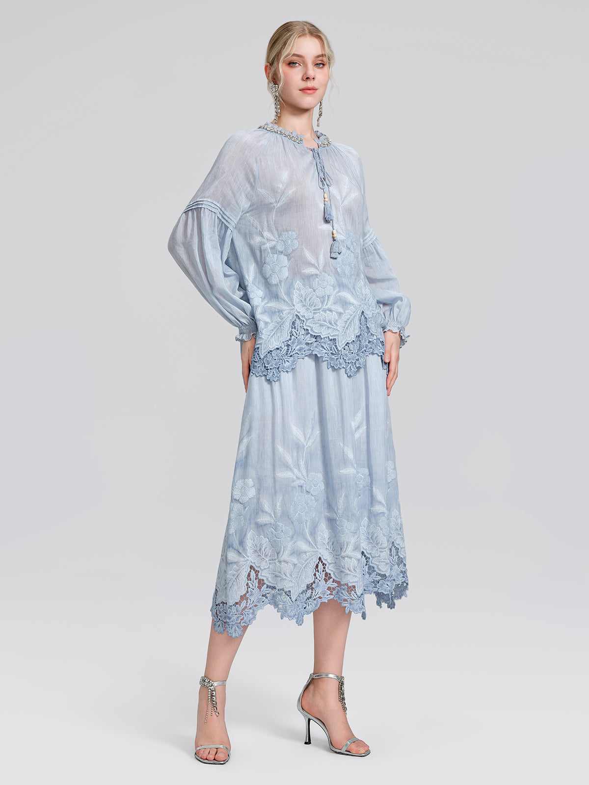 Silk Cotton Embroidered Lace Trim Beaded Blouse