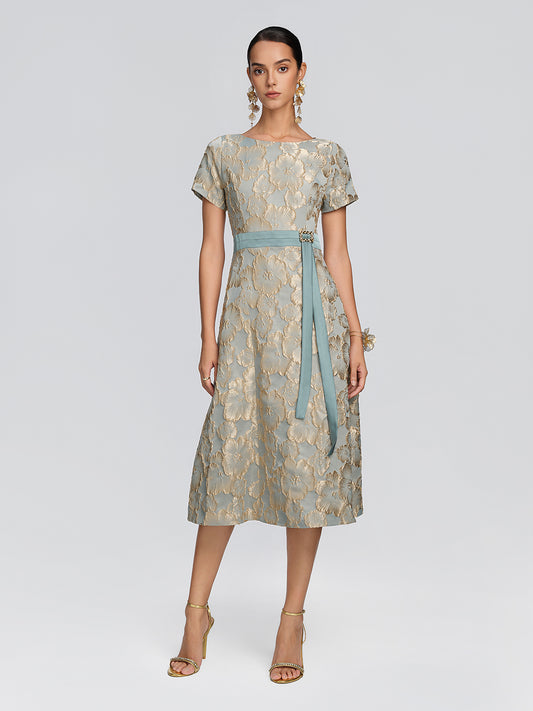 Embossed Jacquard Metallic Floral Dress