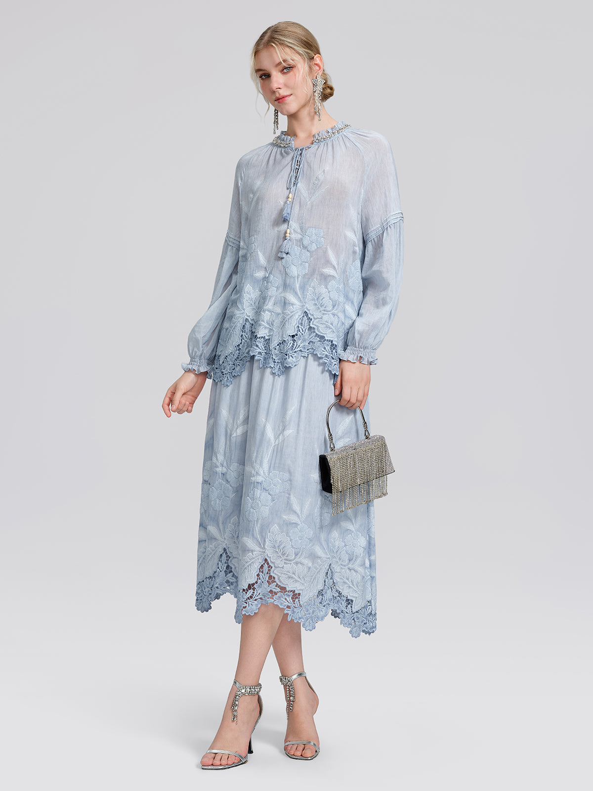 Silk Cotton Embroidered Lace Trim Beaded Blouse