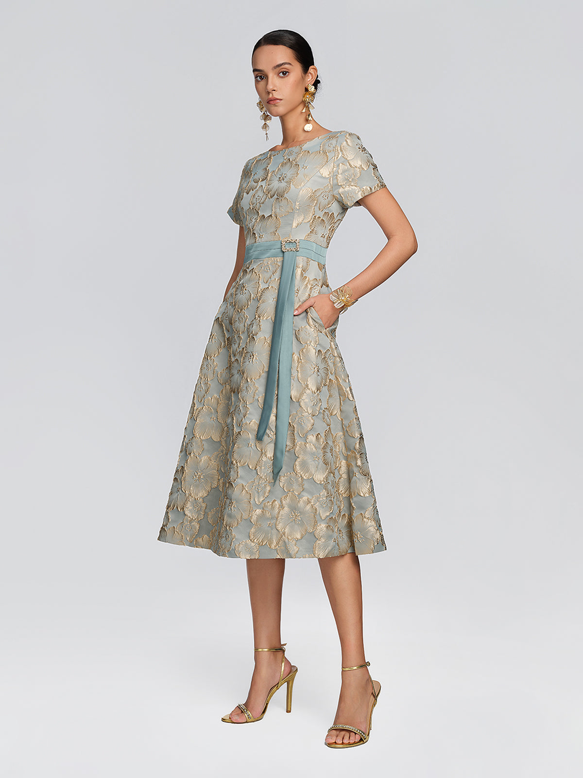 Embossed Jacquard Metallic Floral Dress