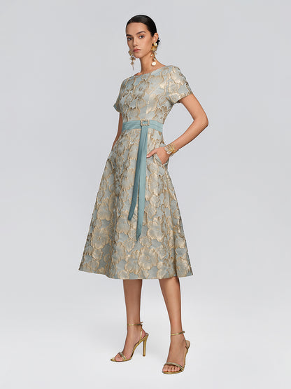 Embossed Jacquard Metallic Floral Dress