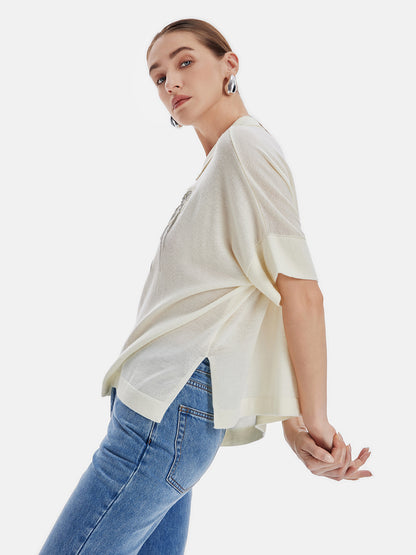 Polo Short-Sleeve Embroidered Loose Knit Pullover