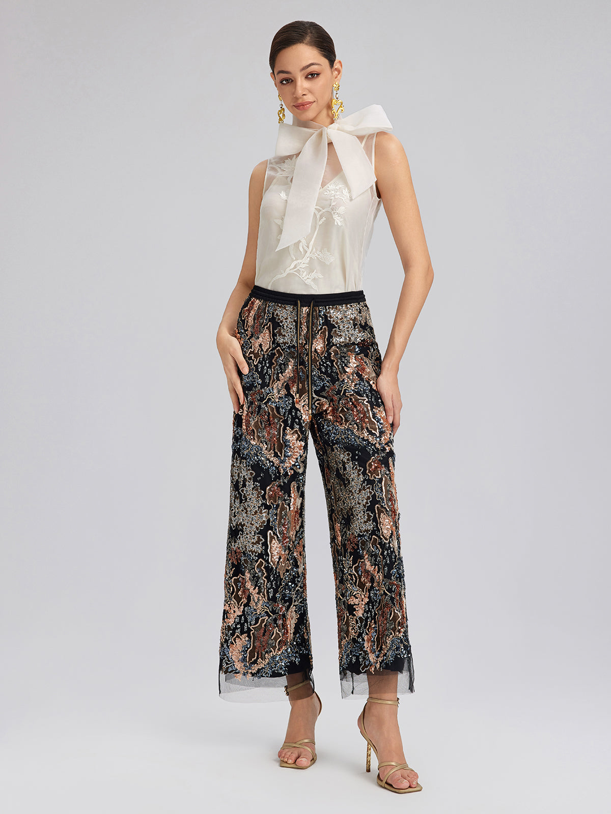 Sequin Vine Embroidered Straight Pants