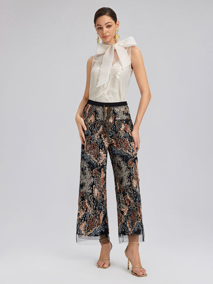Sequin Vine Embroidered Straight Pants