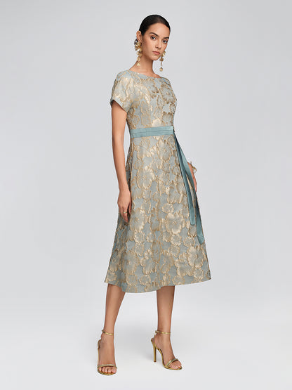 Embossed Jacquard Metallic Floral Dress