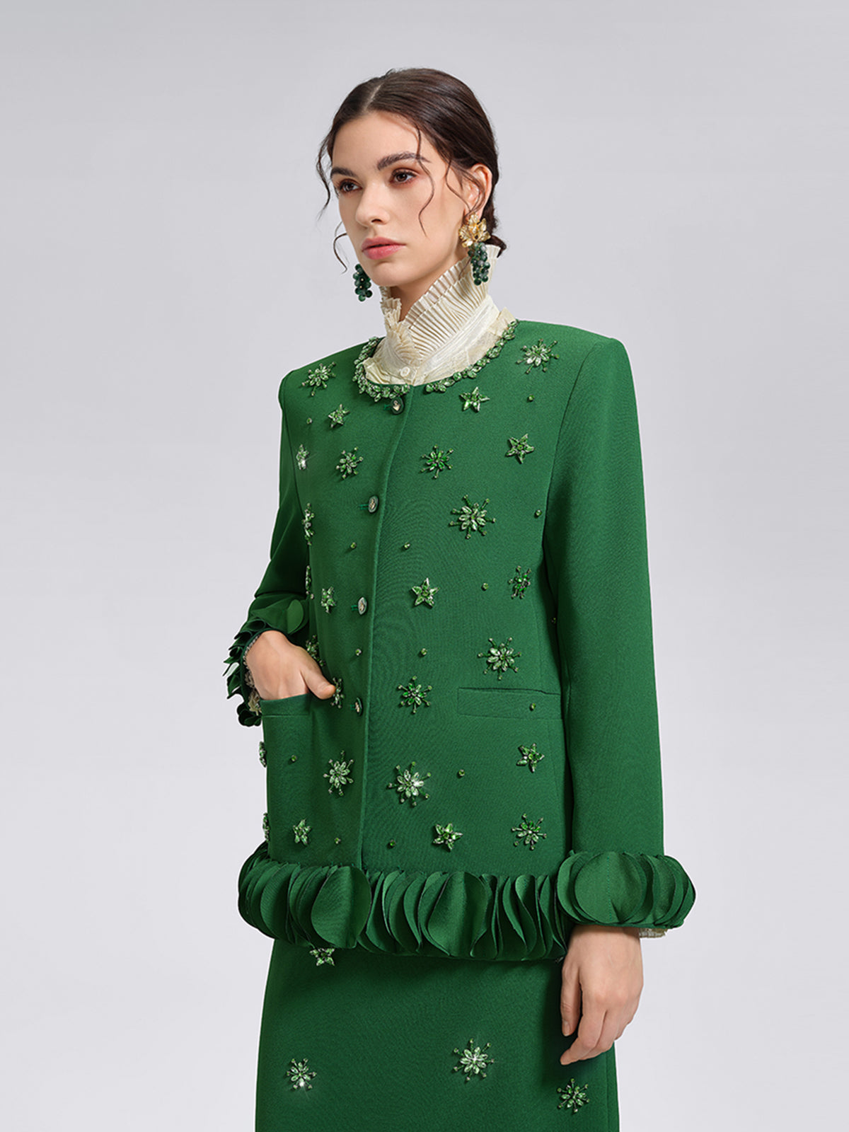 Hand-Beaded Floral Trim Jacket