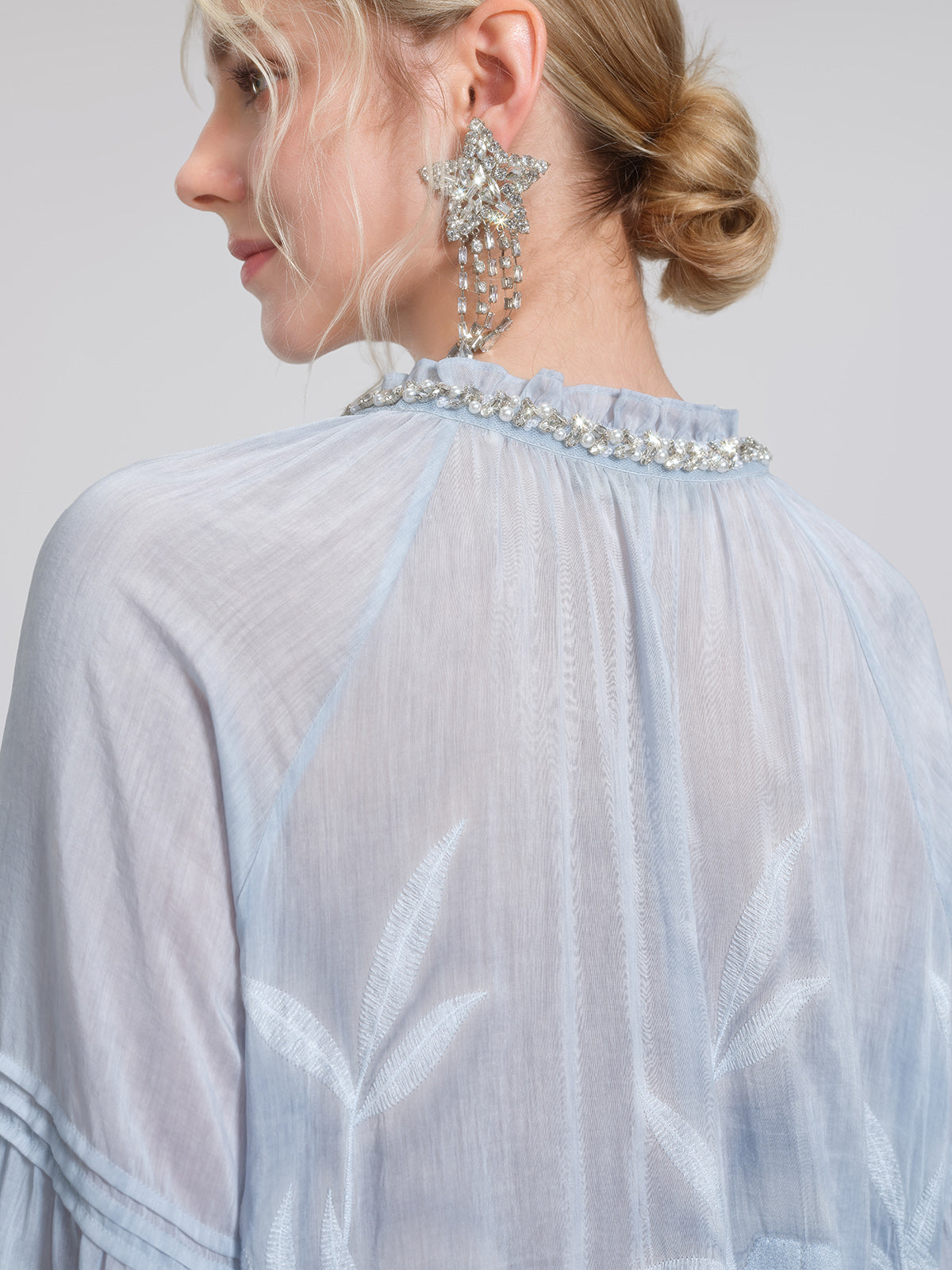 Silk Cotton Embroidered Lace Trim Beaded Blouse