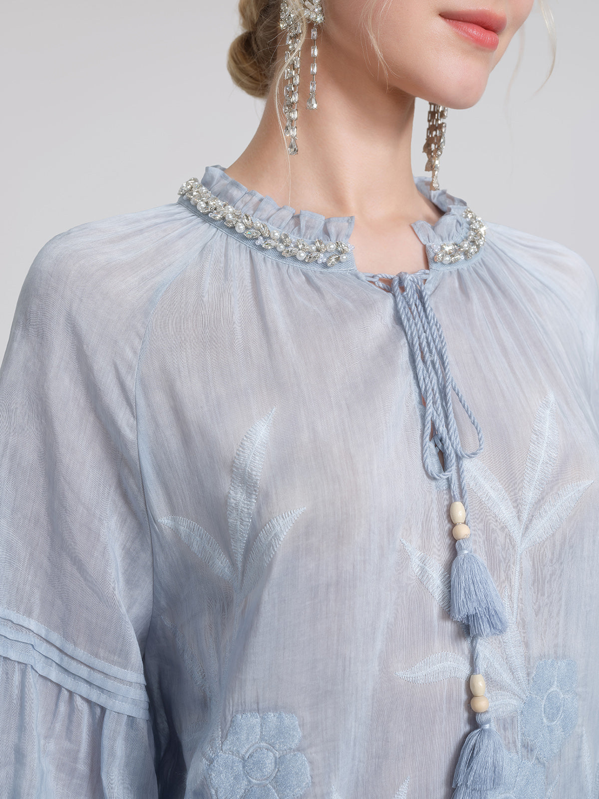 Silk Cotton Embroidered Lace Trim Beaded Blouse