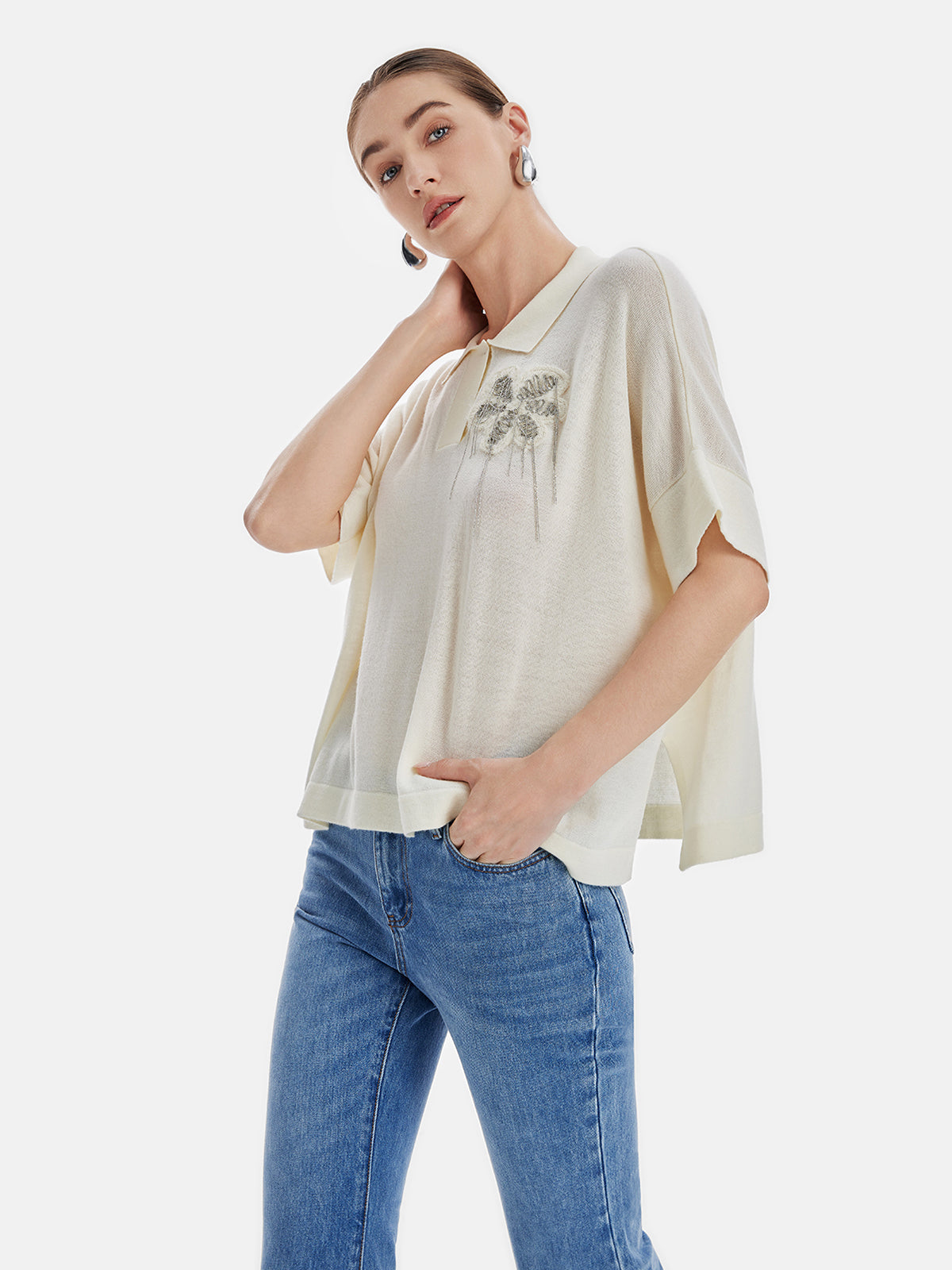 Polo Short-Sleeve Embroidered Loose Knit Pullover