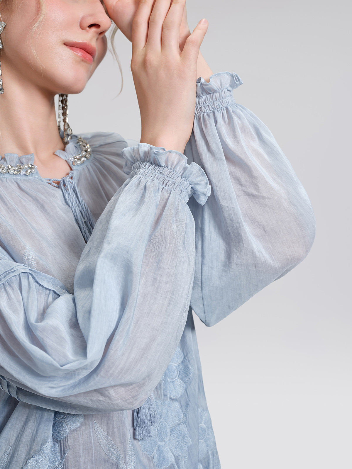 Silk Cotton Embroidered Lace Trim Beaded Blouse