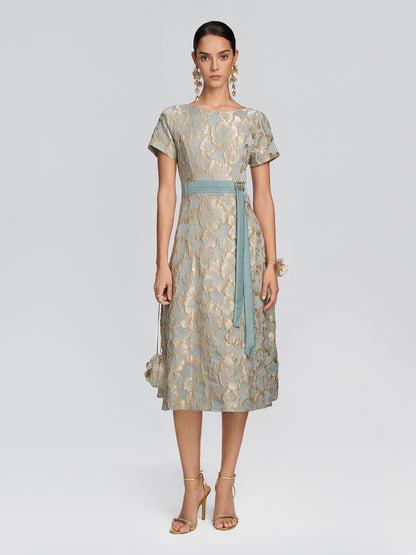 Embossed Jacquard Metallic Floral Dress