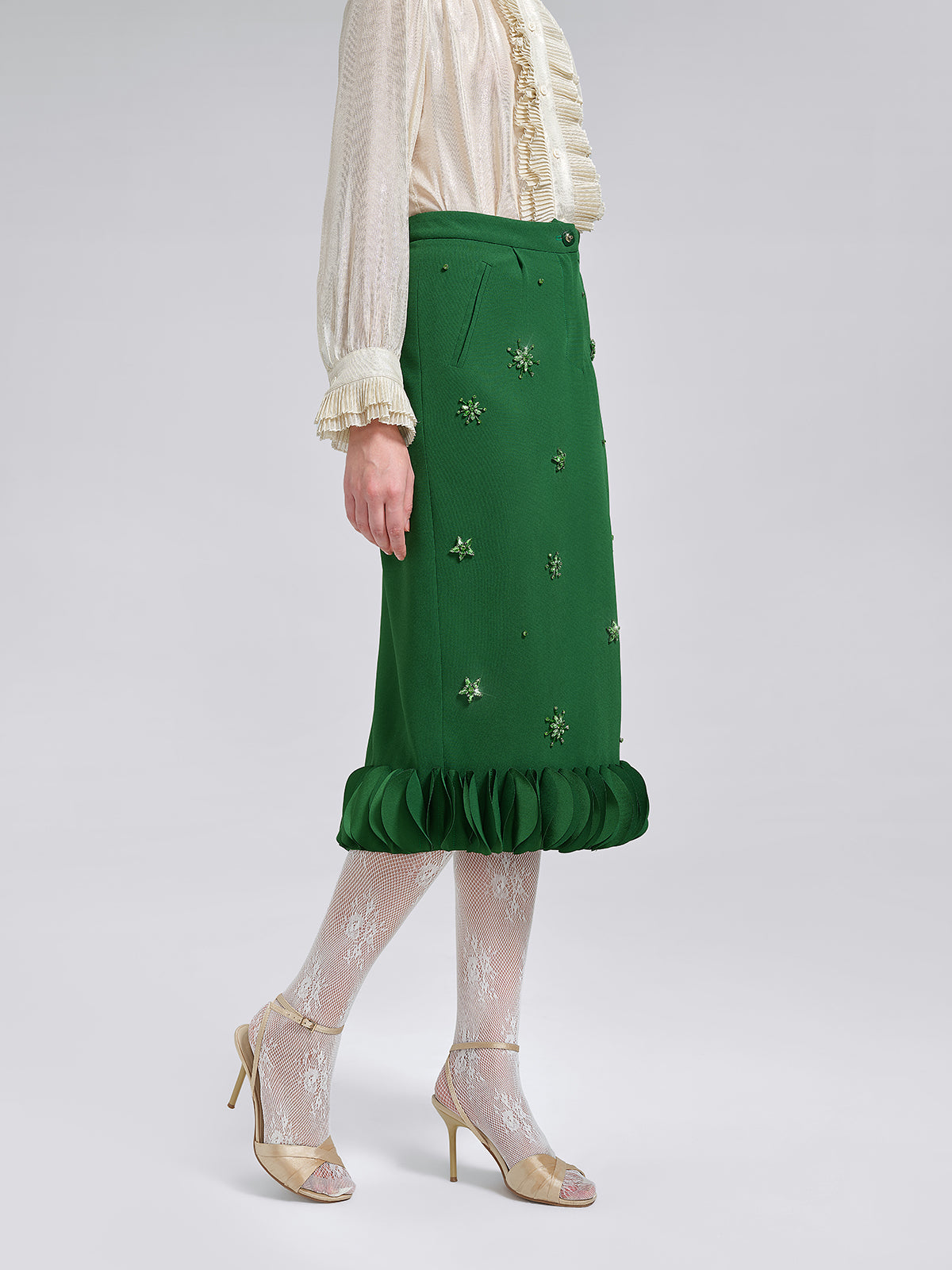 Hand-Beaded Layered Floral Trim Skirt