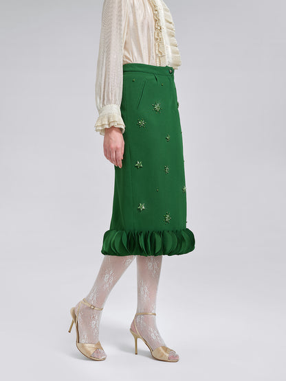 Hand-Beaded Layered Floral Trim Skirt