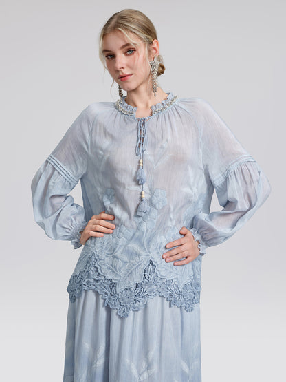 Silk Cotton Embroidered Lace Trin Beaded Blouse