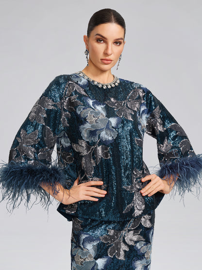 Sequin Embroidered Feather-Trim Top