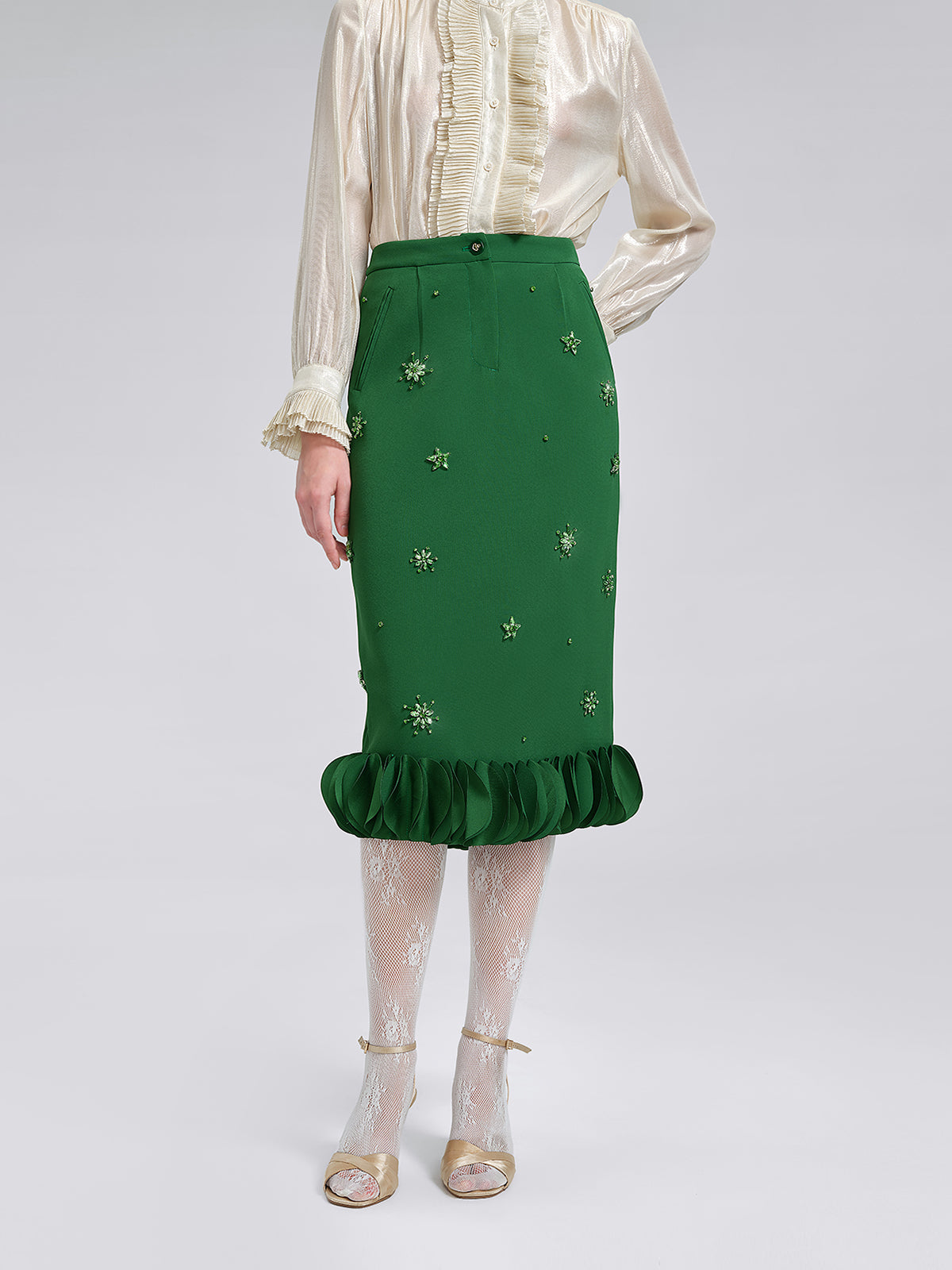 Final Sale | Hand-Beaded Layered Floral Trim Skirt