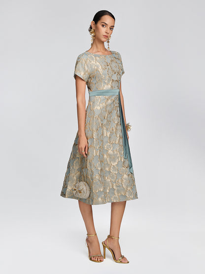 Embossed Jacquard Metallic Floral Dress