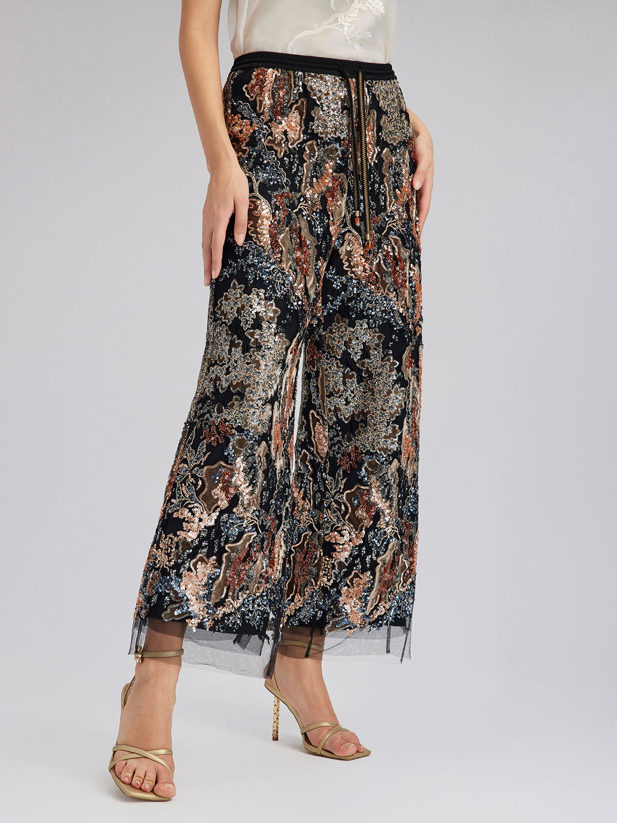 Sequin Vine Embroidered Straight Pants