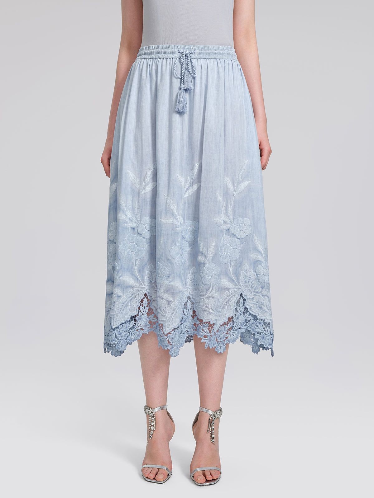 Silk Cotton Embroidered Lace Trim Panel Skirt
