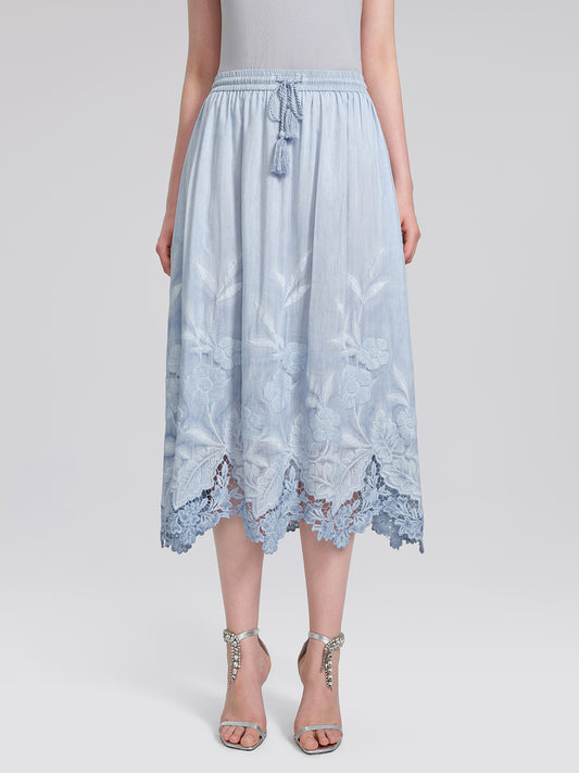 Silk Cotton Embroidered Lace Trin Panel Skirt