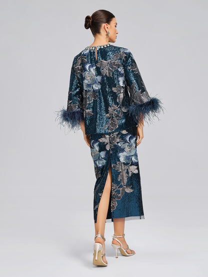 Sequin Embroidered Feather-Trim Top