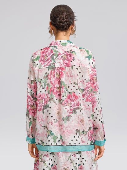 100% Ramie Peony Polka Dot Print Contrast Lapel Shirt