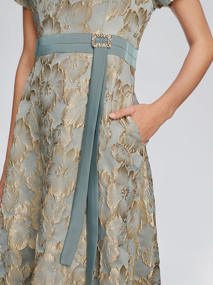 Embossed Jacquard Metallic Floral Dress