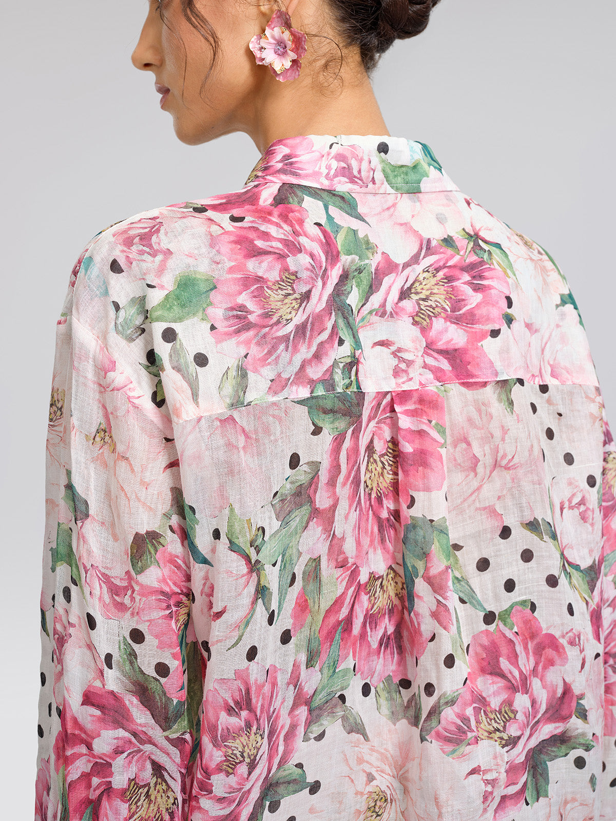 100% Ramie Peony Polka Dot Print Shirt
