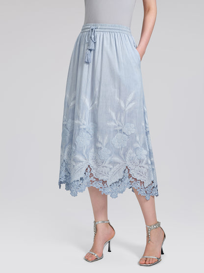Silk Cotton Embroidered Lace Trin Panel Skirt