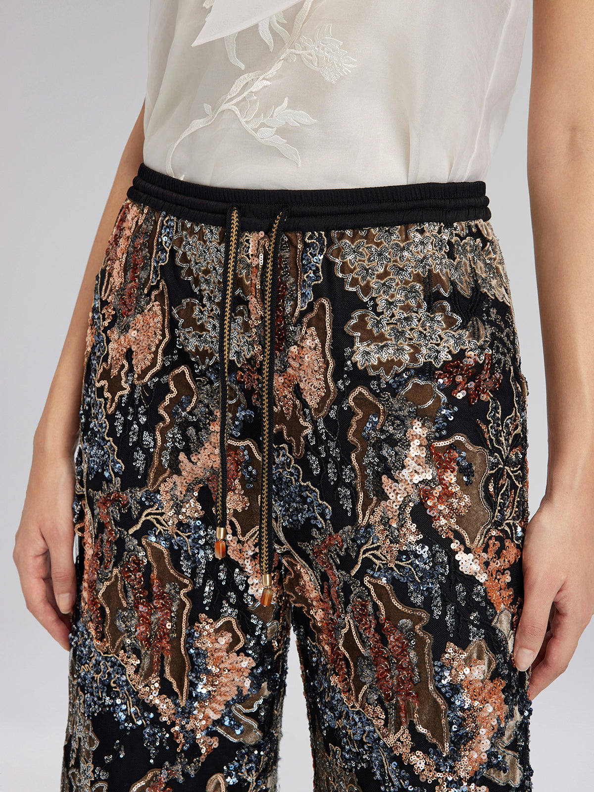 Sequin Vine Embroidered Straight Pants